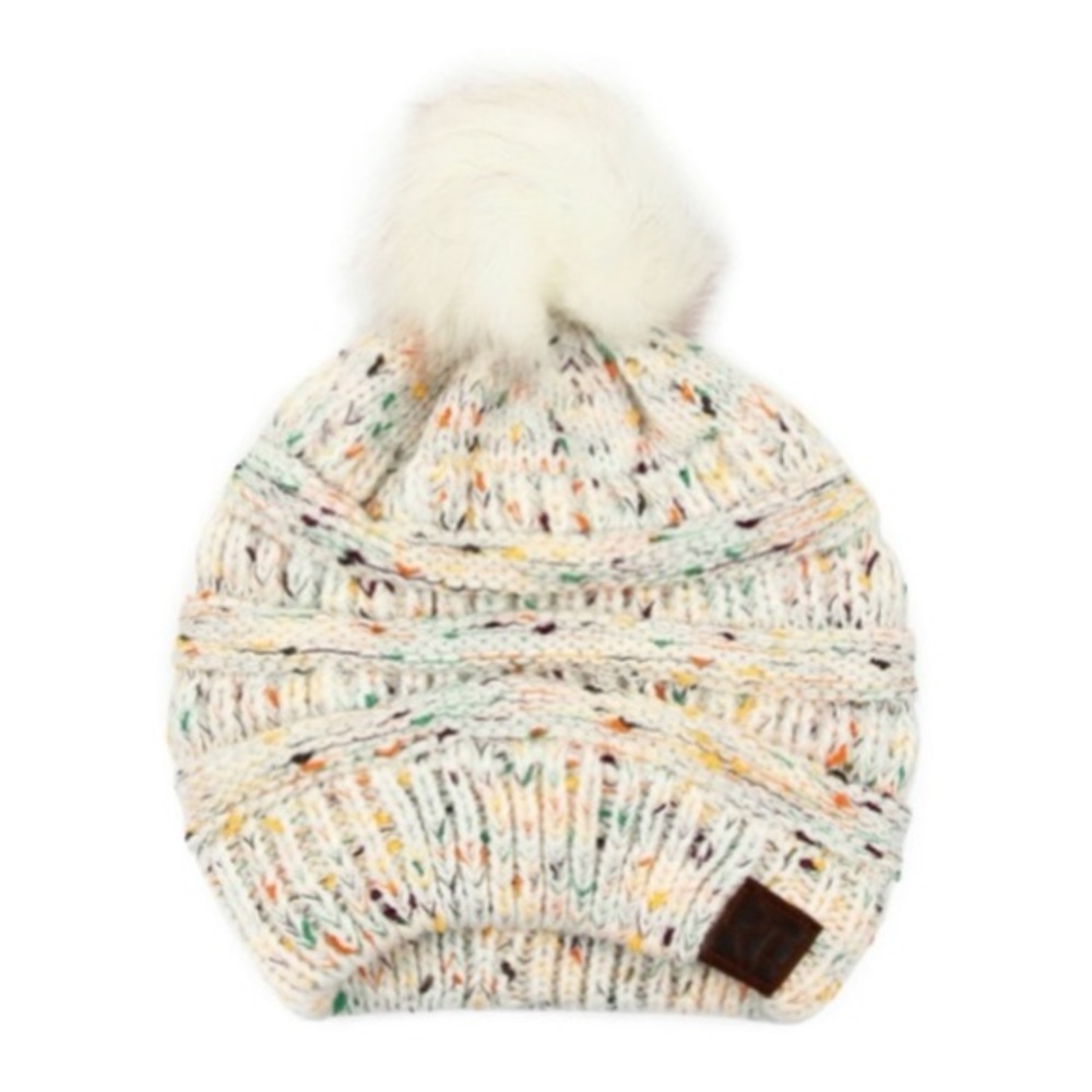 WHITE | Confetti faux fur pom beanie - Picture 1 of 2
